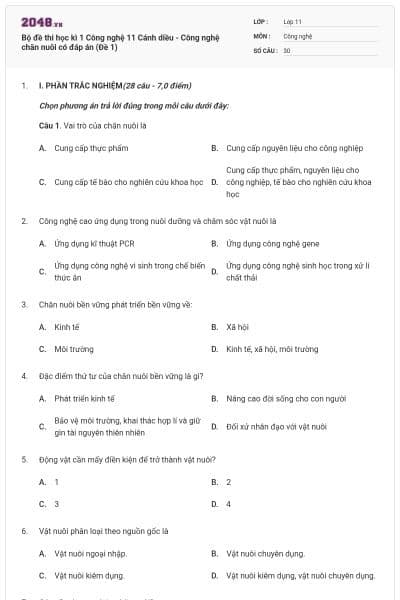 Bộ đề thi học kì 1 Công nghệ 11 Cánh diều - Công nghệ chăn nuôi có đáp án (Đề 1)