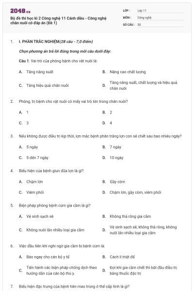 Bộ đề thi học kì 2 Công nghệ 11 Cánh diều - Công nghệ chăn nuôi có đáp án (Đề 1)