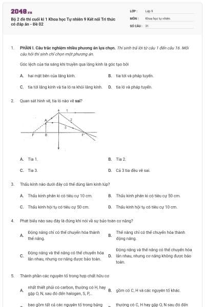 Bộ 2 đề thi cuối kì 1 Khoa học Tự nhiên 9 Kết nối Tri thức có đáp án - Đề 02