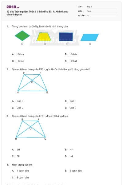 13 câu Trắc nghiệm Toán 6 Cánh diều Bài 4: Hình thang cân có đáp án