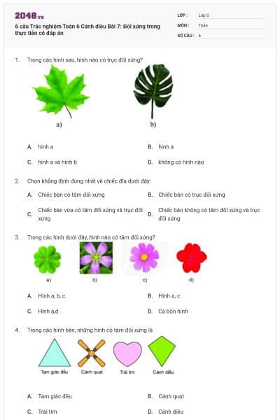 6 câu Trắc nghiệm Toán 6 Cánh diều Bài 7: Đối xứng trong thực tiễn có đáp án