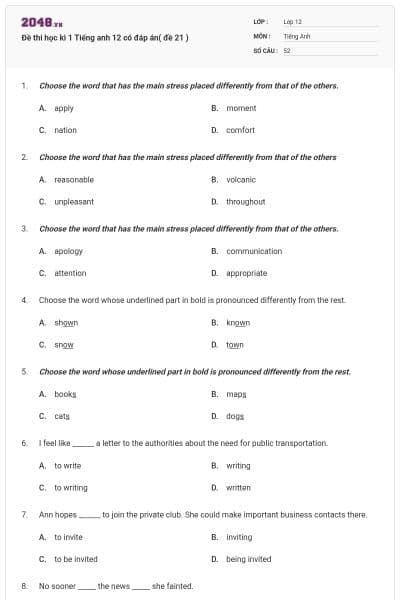 Đề thi học kì 1 Tiếng anh 12 có đáp án( đề 21 )