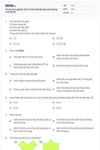 16 câu Trắc nghiệm Toán 6 Cánh diều Bài tập cuối chương 3 có đáp án