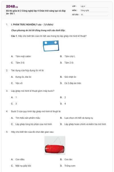 Đề thi giữa kì 2 Công nghệ lớp 4 Chân trời sáng tạo có đáp án- Đề 1