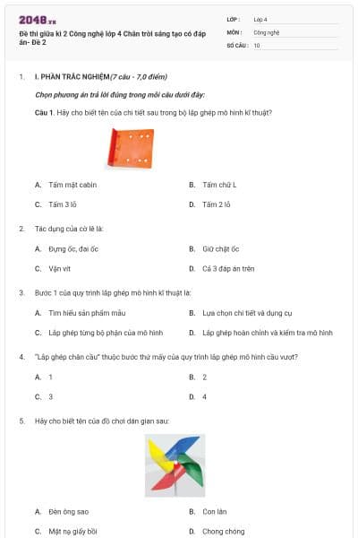 Đề thi giữa kì 2 Công nghệ lớp 4 Chân trời sáng tạo có đáp án- Đề 2