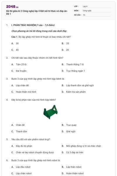 Đề thi giữa kì 2 Công nghệ lớp 4 Kết nối tri thức có đáp án- Đề 1