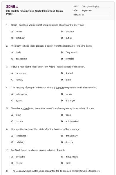 200 câu trắc nghiệm Tiếng Anh từ trái nghĩa có đáp án - Phần 1