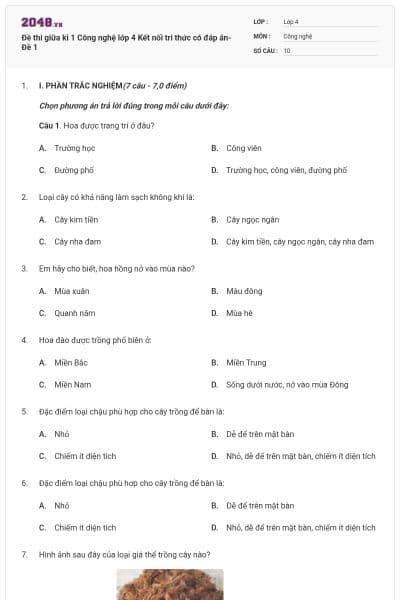 Đề thi giữa kì 1 Công nghệ lớp 4 Kết nối tri thức có đáp án- Đề 1