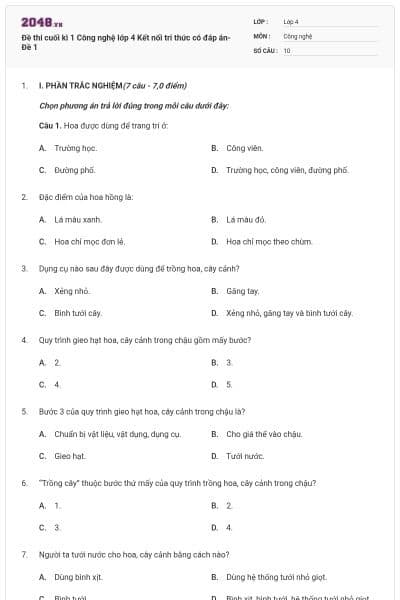 Đề thi cuối kì 1 Công nghệ lớp 4 Kết nối tri thức có đáp án- Đề 1