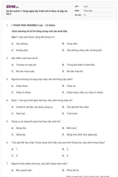 Đề thi cuối kì 1 Công nghệ lớp 4 Kết nối tri thức có đáp án- Đề 2