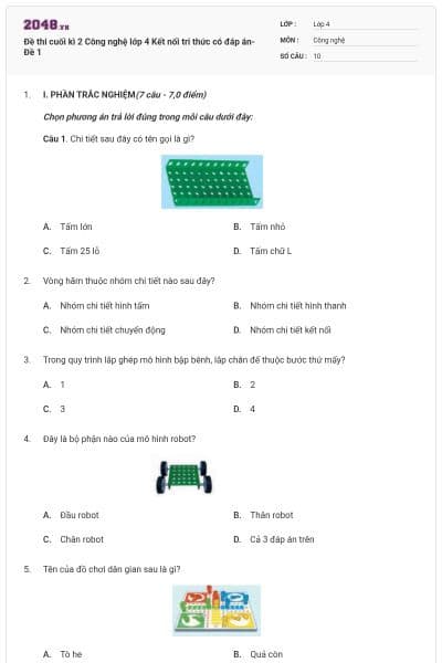 Đề thi cuối kì 2 Công nghệ lớp 4 Kết nối tri thức có đáp án- Đề 1