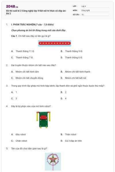 Đề thi cuối kì 2 Công nghệ lớp 4 Kết nối tri thức có đáp án- Đề 2