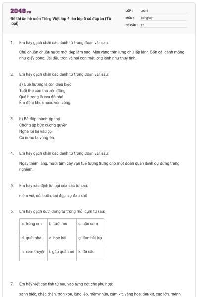 Đề thi ôn hè môn Tiếng Việt lớp 4 lên lớp 5 có đáp án (Từ loại)