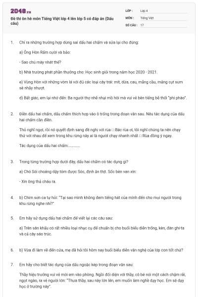 Đề thi ôn hè môn Tiếng Việt lớp 4 lên lớp 5 có đáp án (Dấu câu)