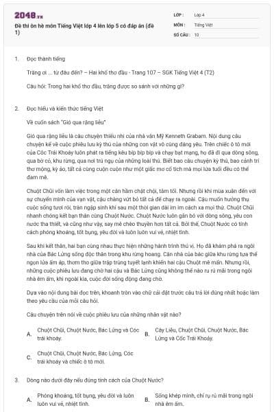 Đề thi ôn hè môn Tiếng Việt lớp 4 lên lớp 5 có đáp án (đề 1)