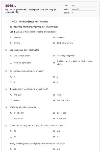 Bộ 2 đề thi giữa học kì 1 Công nghệ 8 Chân trời sáng tạo có đáp án (Đề 1)