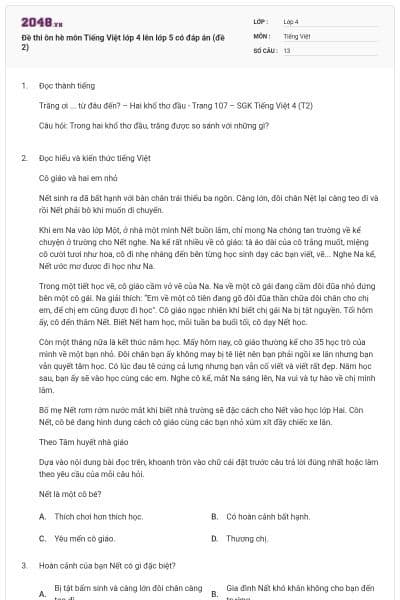 Đề thi ôn hè môn Tiếng Việt lớp 4 lên lớp 5 có đáp án (đề 2)