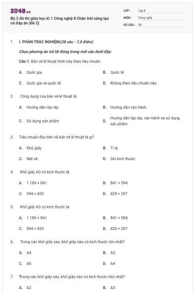 Bộ 2 đề thi giữa học kì 1 Công nghệ 8 Chân trời sáng tạo có đáp án (Đề 2)