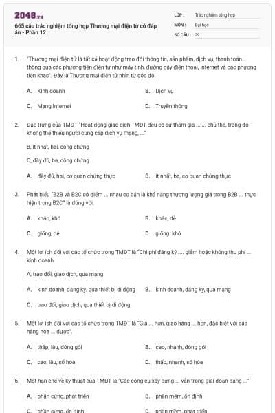 665 câu trắc nghiệm tổng hợp Thương mại điện tử có đáp án - Phần 12