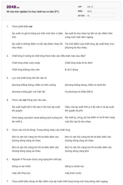60 câu trắc nghiệm Cơ học chất lưu cơ bản (P1)