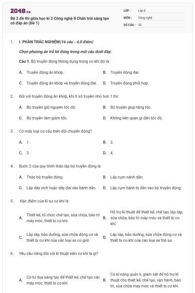 Bộ 2 đề thi giữa học kì 2 Công nghệ 8 Chân trời sáng tạo có đáp án (Đề 1)