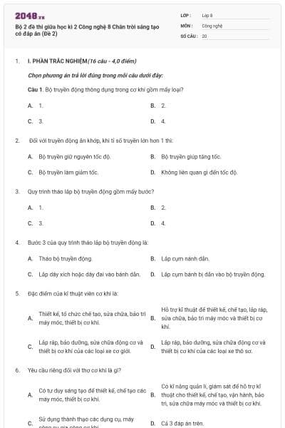 Bộ 2 đề thi giữa học kì 2 Công nghệ 8 Chân trời sáng tạo có đáp án (Đề 2)
