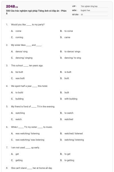 500 Câu trắc nghiệm ngữ pháp Tiếng Anh có đáp án - Phần 8