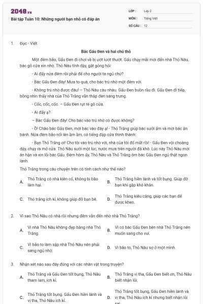 Bài tập Tuần 10: Những người bạn nhỏ có đáp án