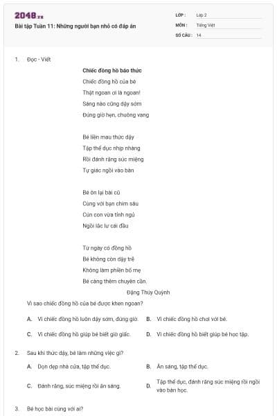 Bài tập Tuần 11: Những người bạn nhỏ có đáp án