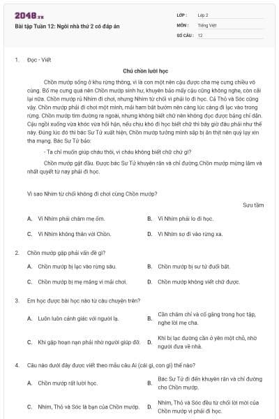 Bài tập Tuần 12: Ngôi nhà thứ 2 có đáp án