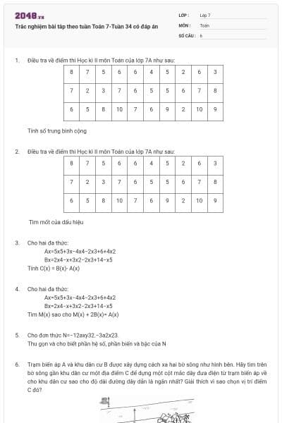 Trắc nghiệm bài tâp theo tuần Toán 7-Tuần 34 có đáp án