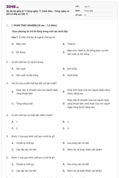 Bộ đề thi giữa kì 1 Công nghệ 11 Cánh diều - Công nghệ cơ khí có đáp án (Đề 1)