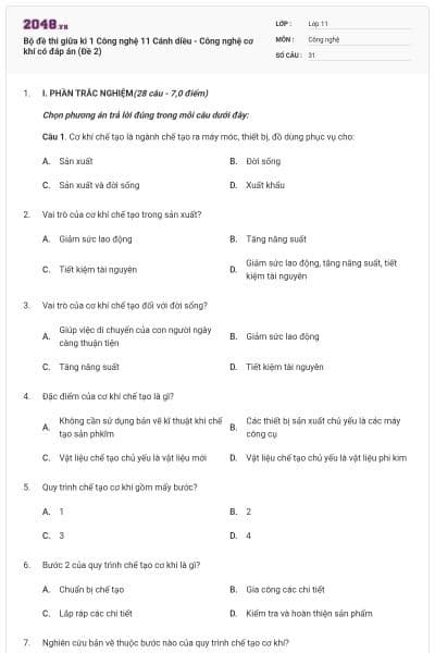 Bộ đề thi giữa kì 1 Công nghệ 11 Cánh diều - Công nghệ cơ khí có đáp án (Đề 2)