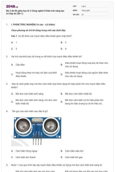 Bộ 2 đề thi giữa học kì 2 Công nghệ 8 Chân trời sáng tạo có đáp án (Đề 1)