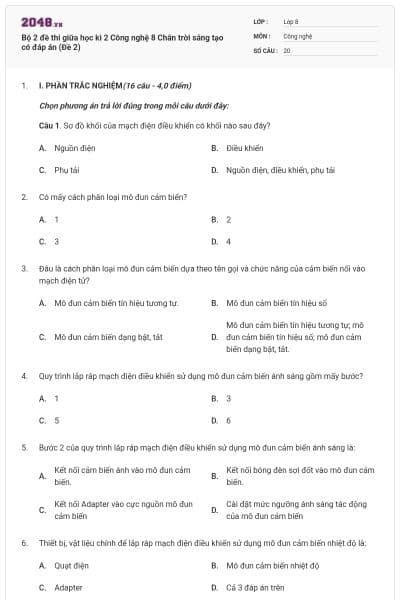 Bộ 2 đề thi giữa học kì 2 Công nghệ 8 Chân trời sáng tạo có đáp án (Đề 2)