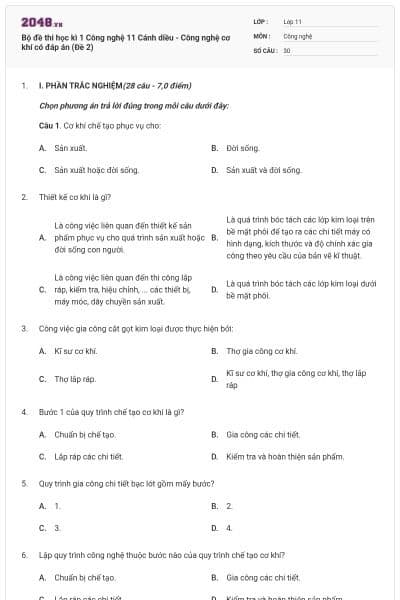 Bộ đề thi học kì 1 Công nghệ 11 Cánh diều - Công nghệ cơ khí có đáp án (Đề 2)