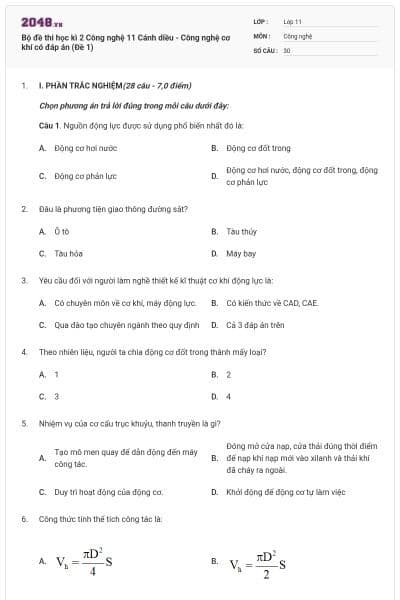 Bộ đề thi học kì 2 Công nghệ 11 Cánh diều - Công nghệ cơ khí có đáp án (Đề 1)