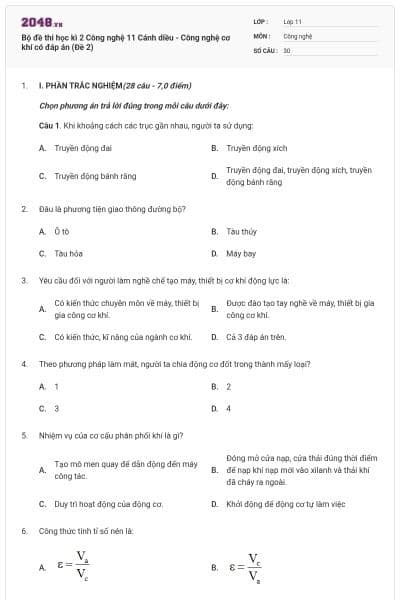 Bộ đề thi học kì 2 Công nghệ 11 Cánh diều - Công nghệ cơ khí có đáp án (Đề 2)