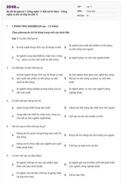 Bộ đề thi giữa kì 1 Công nghệ 11 Kết nối tri thức - Công nghệ cơ khí có đáp án (Đề 1)