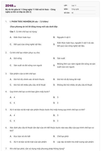 Bộ đề thi giữa kì 1 Công nghệ 11 Kết nối tri thức - Công nghệ cơ khí có đáp án (Đề 2)