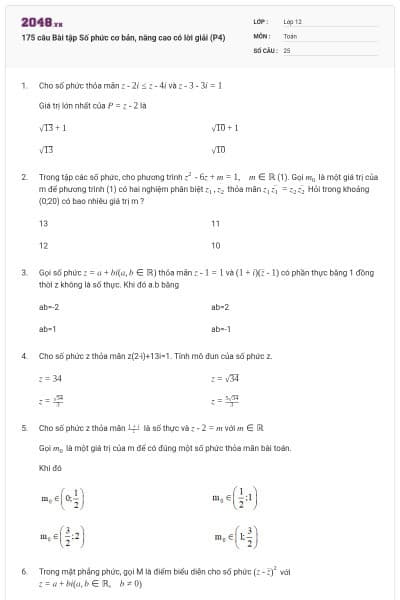 175 câu Bài tập Số phức cơ bản, nâng cao có lời giải (P4)