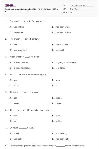500 Câu trắc nghiệm ngữ pháp Tiếng Anh có đáp án - Phần 9
