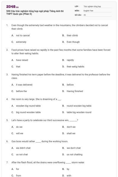 500 Câu trắc nghiệm tổng hợp ngữ pháp Tiếng Anh thi THPT Quốc gia (Phần 5)