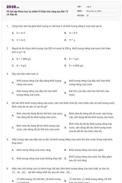 55 bài tập Khoa học tự nhiên 8 Chân trời sáng tạo Bài 15 có đáp án