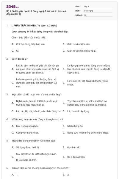 Bộ 2 đề thi giữa học kì 2 Công nghệ 8 Kết nối tri thức có đáp án (Đề 1)