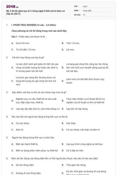 Bộ 2 đề thi giữa học kì 2 Công nghệ 8 Kết nối tri thức có đáp án (Đề 2)