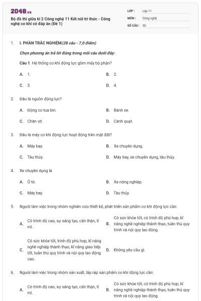 Bộ đề thi giữa kì 2 Công nghệ 11 Kết nối tri thức - Công nghệ cơ khí có đáp án (Đề 1)