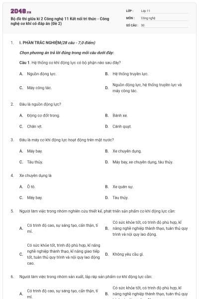 Bộ đề thi giữa kì 2 Công nghệ 11 Kết nối tri thức - Công nghệ cơ khí có đáp án (Đề 2)