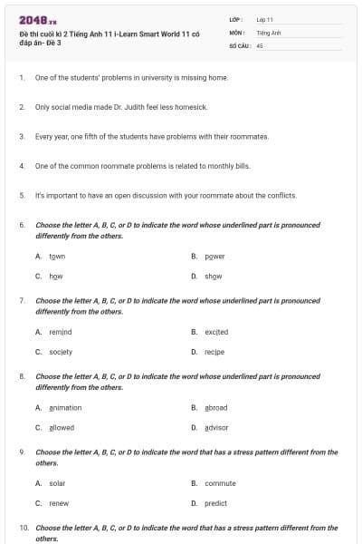 Đề thi cuối kì 2 Tiếng Anh 11 i-Learn Smart World 11 có đáp án- Đề 3