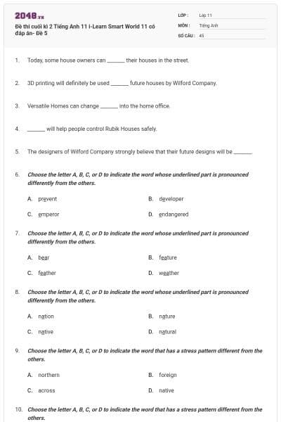 Đề thi cuối kì 2 Tiếng Anh 11 i-Learn Smart World 11 có đáp án- Đề 5